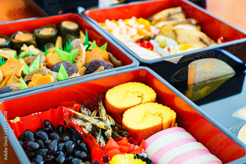 Japanese handmade new year dishes named Osechi-Ryori in the traditional box