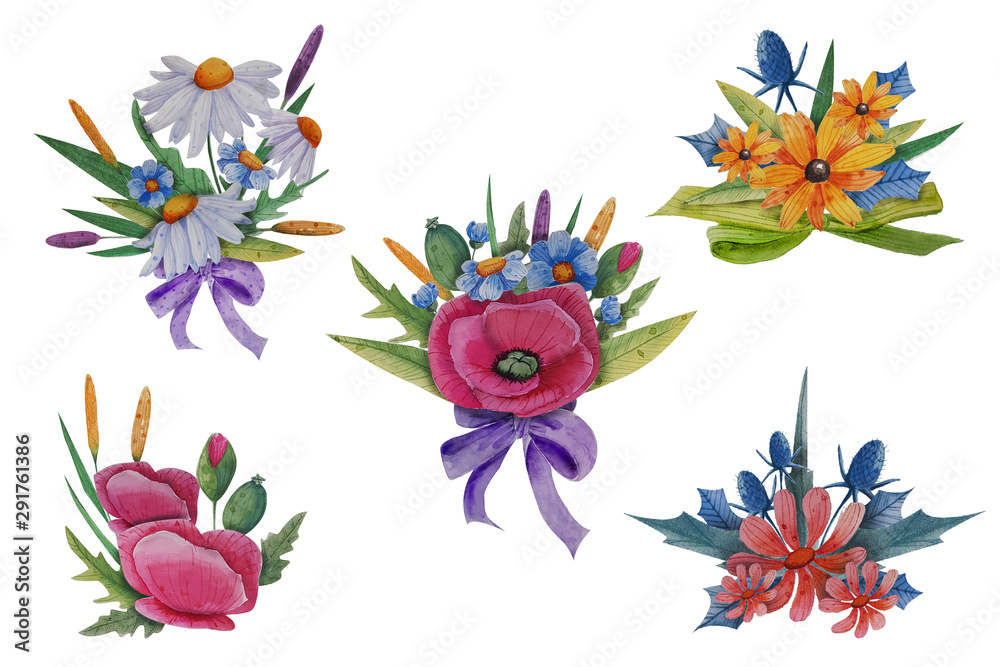 Watercolor wild flowers bouquetes. Hand drawn illustration.
