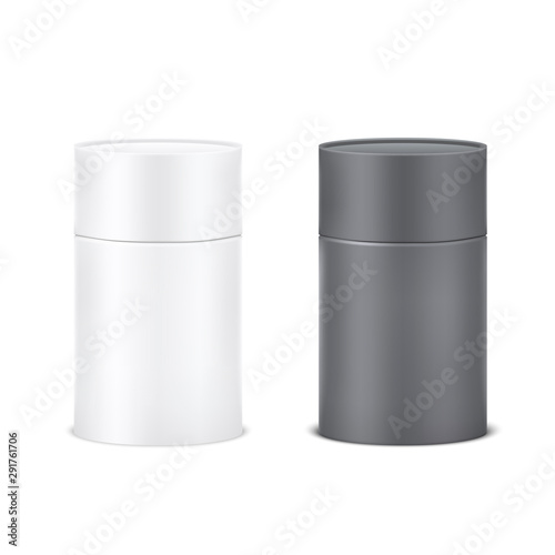 Blank black and white cardboard cylinder box mockup. Paper tube isolated on white background. Vector 3d illustration.