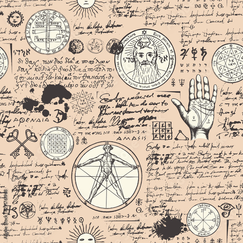 Vector seamless background on the theme of mysticism, magic, religion and the occultism with various esoteric and masonic symbols. Medieval manuscript with sketches, blots and spots in retro style