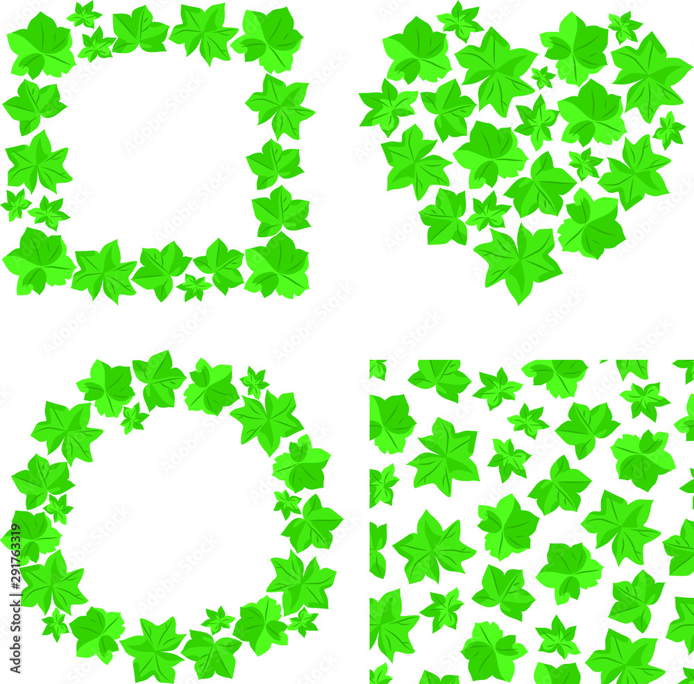 Vector geranium set - seamless pattern of geranium leaves, 2 frames and heart of green leaves Vector geranium set - seamless pattern of geranium leaves, 2 frames and heart of green leaves