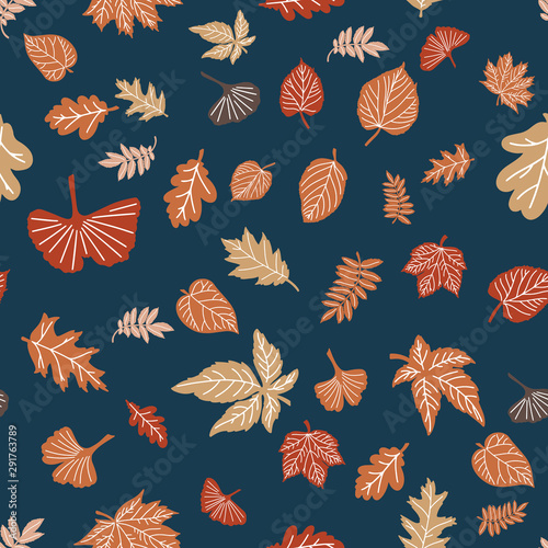 Autumn leaves pattern on dark blue green backgrpound. Vector seamless pattern for textile, wrapping paper, decoration, etc.