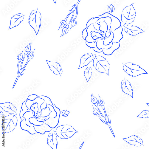 Cute vector seamless pattern of blue roses and buds on white background