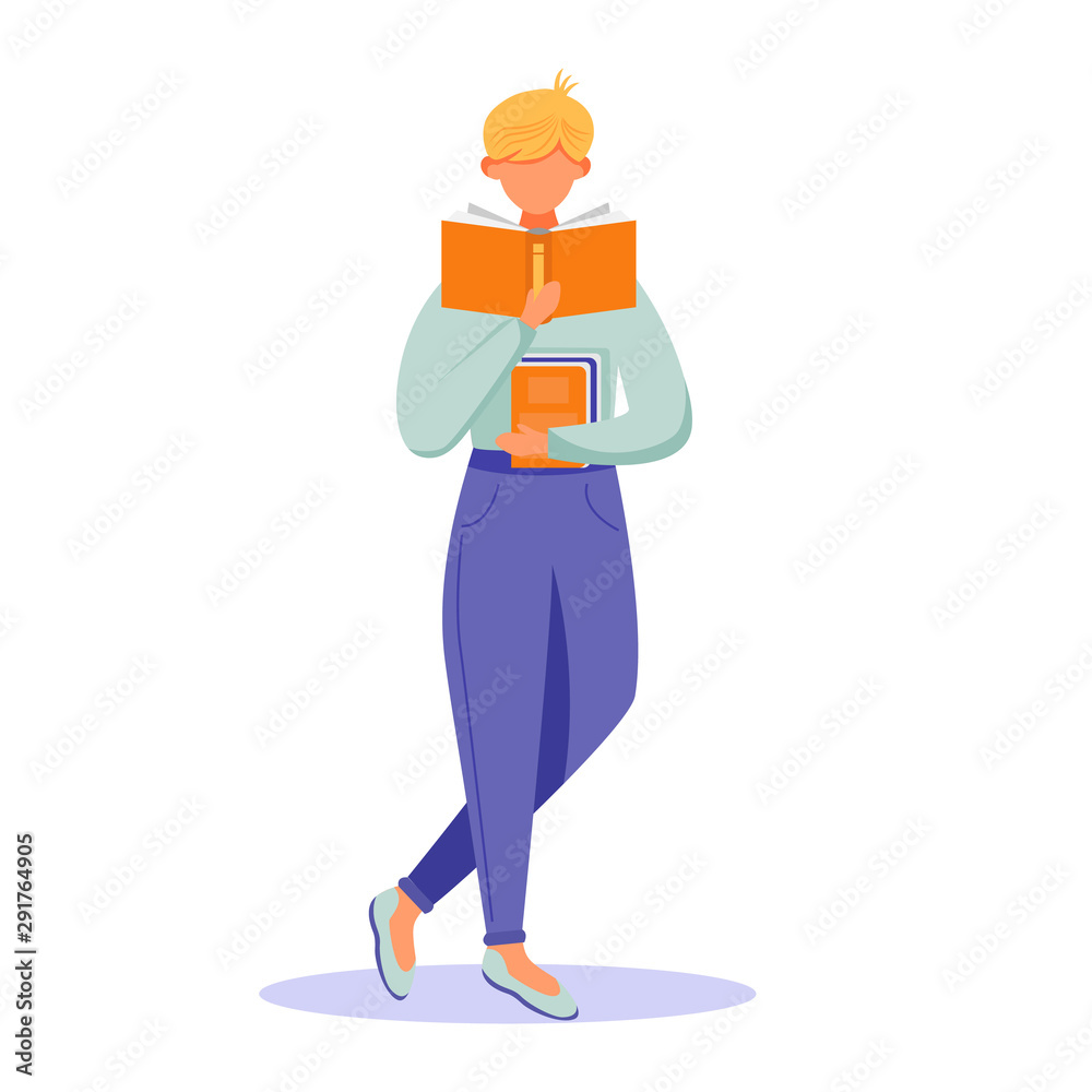 Young person reading book flat vector illustration. Student with textbook. Exam preparation. Standing man read publication, hold encyclopedia isolated cartoon character on white background