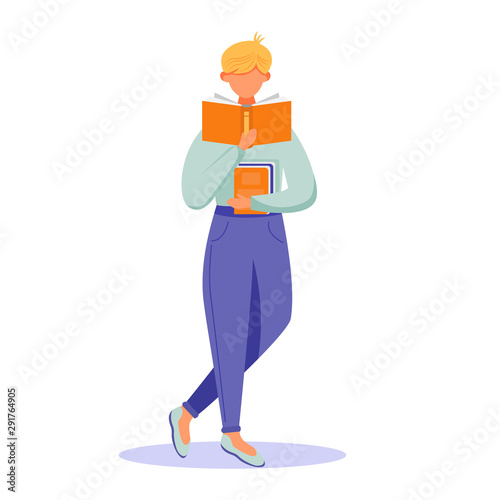 Young person reading book flat vector illustration. Student with textbook. Exam preparation. Standing man read publication, hold encyclopedia isolated cartoon character on white background