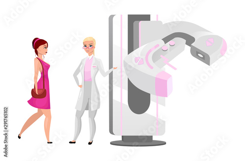 Diagnostic mammography flat vector illustration. Woman breast screening procedure. Physician with modern X ray machine. Radiography procedure. Female patient with mammologist cartoon characters