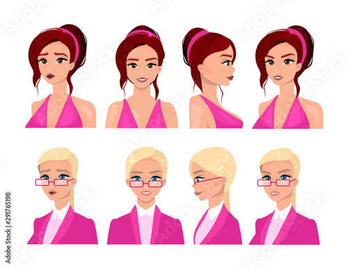 Female faces flat vector illustrations set. Beautiful women avatars with blonde and brunette hair, different facial expressions. Elegant young girls portraits collection. Isolated cartoon characters