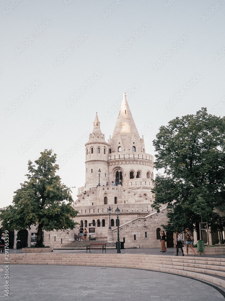 The beautifully constructed Fisherman's Bastion (Halaszbastya) with fairy-tale towers in Budapest.