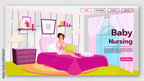 Baby nursing landing page vector template. Home breastfeeding website interface idea with flat illustrations. Maternity homepage layout. Childcare and motherhood web banner, webpage cartoon concept