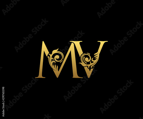Classy Gold letter M and V, MV, VINTAGE decorative ornament emblem badge, overlapping monogram logo, classy letter logo icon.