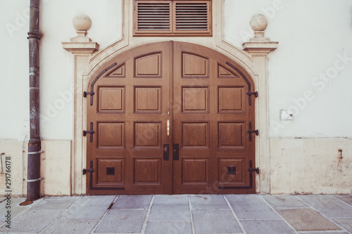 Beautiful old wooden brown door with panels in a medieval style