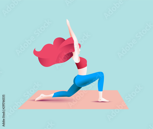 Pretty redhead woman do yoga. Warrior asana. Vector illustration.
