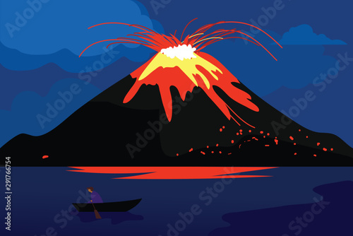 illustration the volcano erupted lava in the sea and fishermen aboard the ship photo