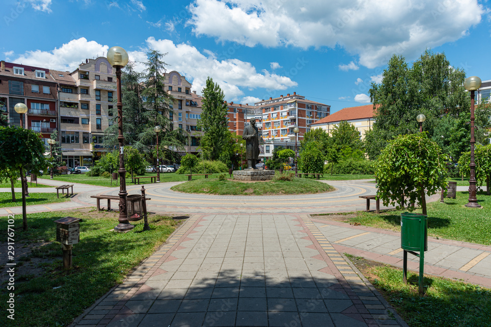 Loznica, Serbia - July 11, 2019: School park (Školski park: serbian) on Jovan Cvijic Square in Loznica. Loznica is a city located in the Macva District of western Serbia. 