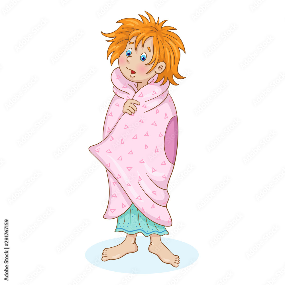 Pajama party. A cute red-haired little girl stands wrapped in a blanket. In cartoon style. Isolated on a white background. Pajama party. A cute red-haired little girl stands wrapped in a blanket. In cartoon style. Isolated on a white background.
