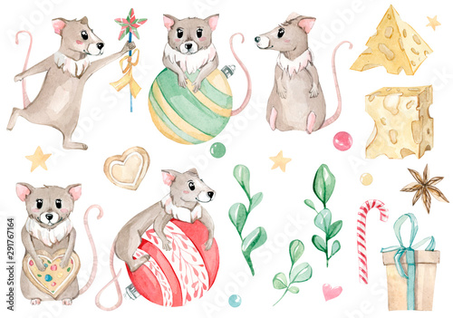 Watercolor cute cartoon christmas rat mouse and new yaer elements isolated on white background. Symbol of 2020 year.