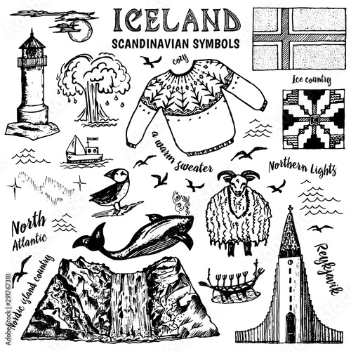 Set of Iceland Symbols in vintage style. Traditional national signs on white background. Scandinavian culture. Hand drawn outline doodle sketch. Sweater, mountains, flag, whale and lighthouse.