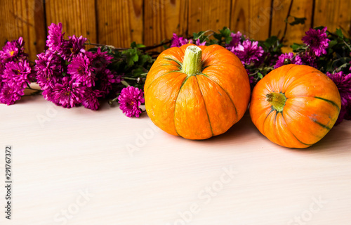 Autumn background with pumpkins and chrysanthemum flowers on wooden background, copy space. Happy Thanksgiving Day Background. Concept of Halloween. Pumpkin for autumn Harvest Festival. Autumn scene.