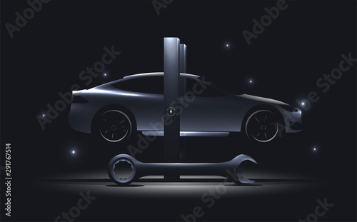 PrintCar on the lift silhouette. Repair car service vector illustration.