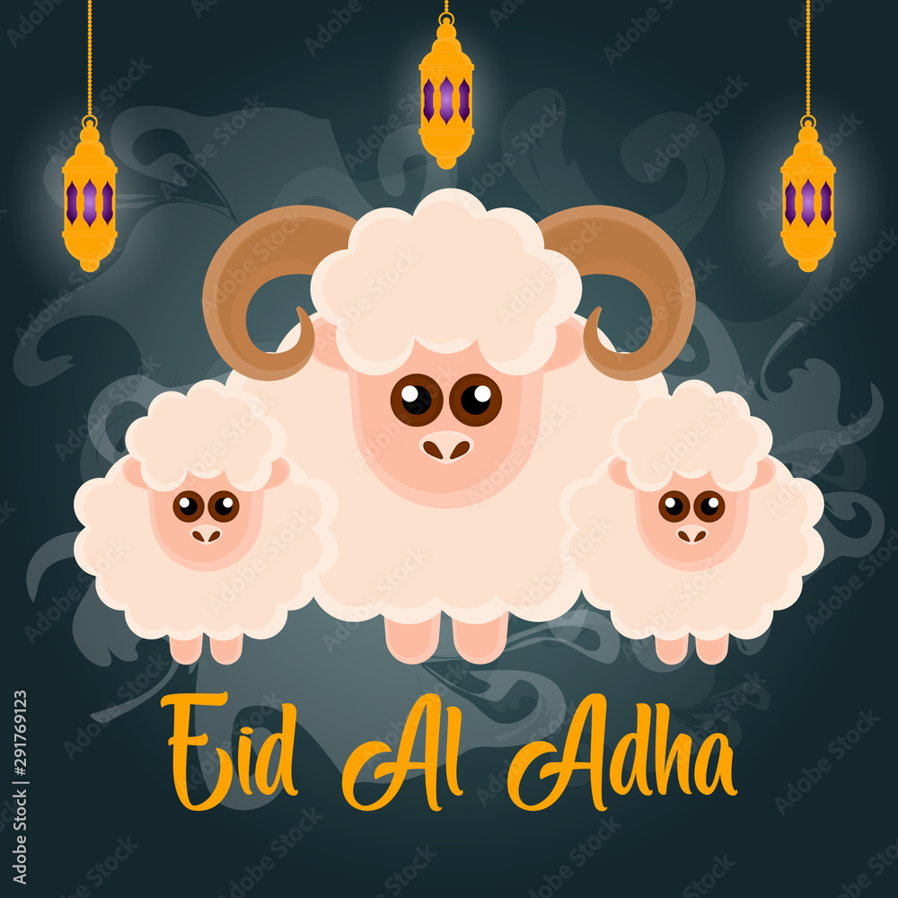 Eid al Adlha poster with ram and sheeps - Vector illustration Stock ...