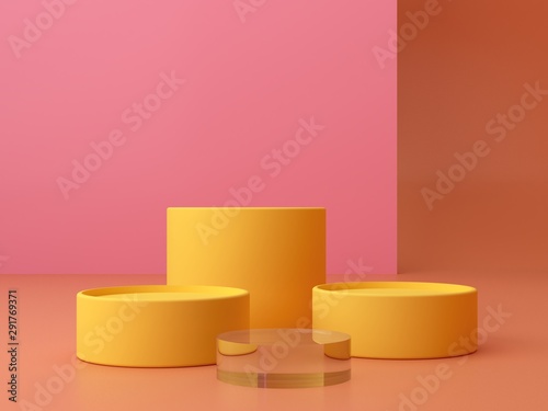 Minimal scene. Cylinder podium, abstract background. Geometric shapes. Colorful scene. Minimal 3d rendering. Scene with geometrical forms, pink and coral background for cosmetic product. 3d render. 