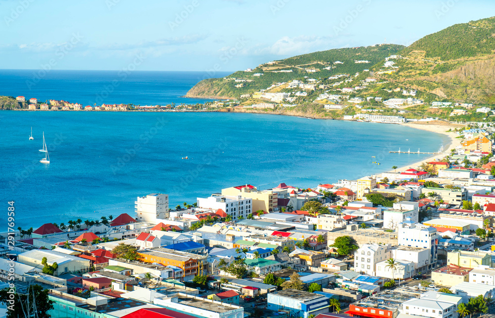 Scenic beautiful view of Philipsburg the capital of Sint Maarten. 
