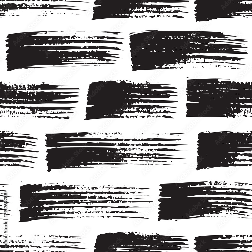 Brush strokes seamless pattern in black & white colors. Abstract grunge background design. Sketch style. Vector illustration. 