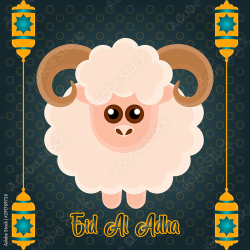 Eid al Adlha poster with a ram and lanterns - Vector illustration photo