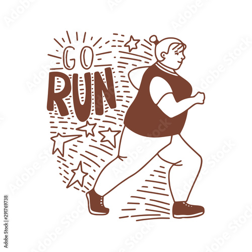 Running Plus Size Girl in Hand Drawn Doodle Style