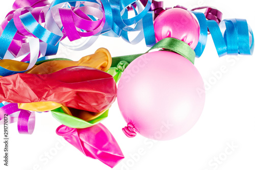 Lot of whole latex pastel ballon with pink ribbon and blue ribbon flatlay isolated on white background