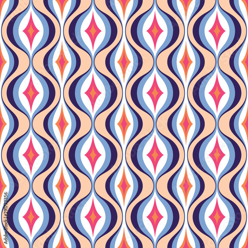 Mid-century modern art vector background. Abstract geometric seamless pattern. Decorative ornament in retro vintage design style. Atomic stylized backdrop. 