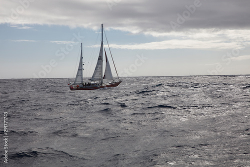 jacht z rozwiniętymi żaglami zmagający się z falami na morzu © KOLA  STUDIO