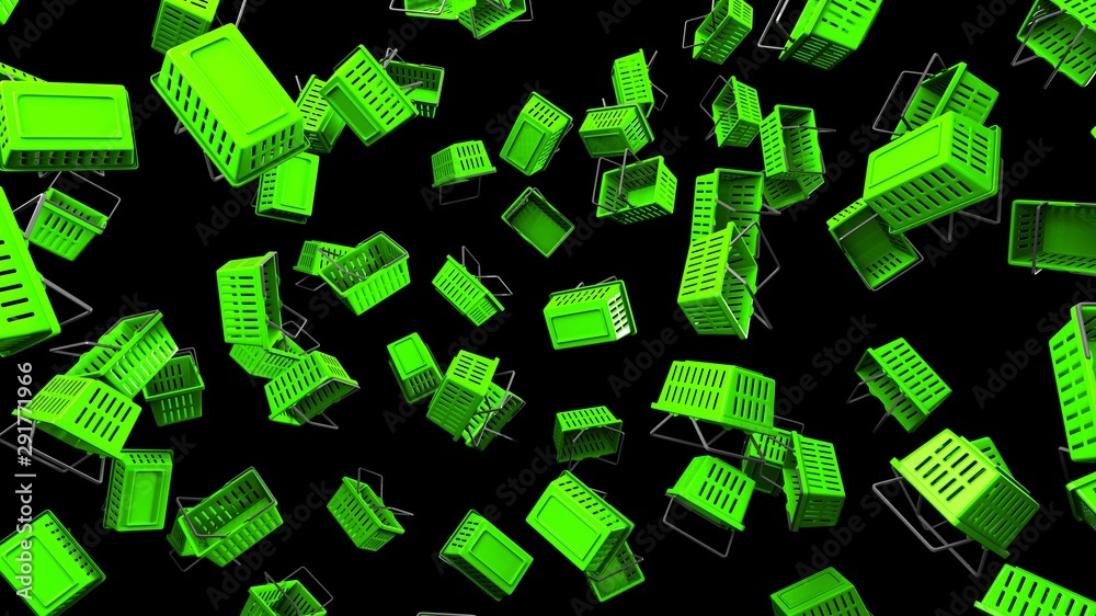 Green Shopping baskets on black background.3D render illustration. Green Shopping baskets on black background.3D render illustration.