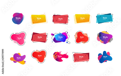 Abstract geometric element set. Modern colorful figures and lines with sample text. Trendy minimal templates for presentations, flyers, banners and web pages. Vector illustration