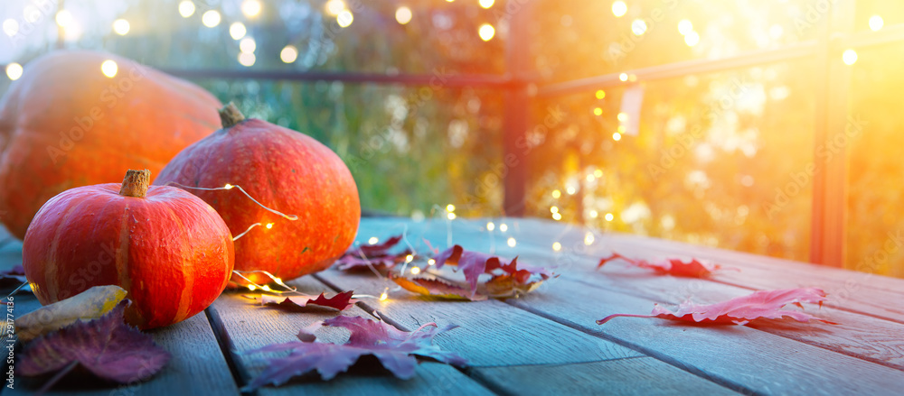 autumn pumpkin background, thanksgiving holiday party decoration, - obrazy, fototapety, plakaty 