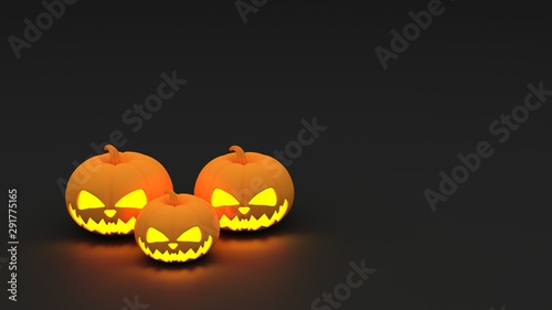 Scary halloween pumpkin with candle light inside. Flying Orange halloween pumpkins on purple, orange, and grey  background.Hholiday decoration. 3d render photo