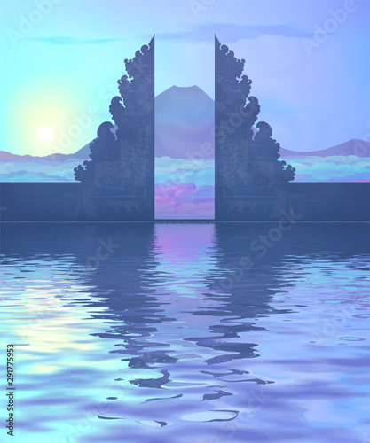 Blue vector Balinese temple portal sunrise silhouette with mountain and clouds view and water reflection
