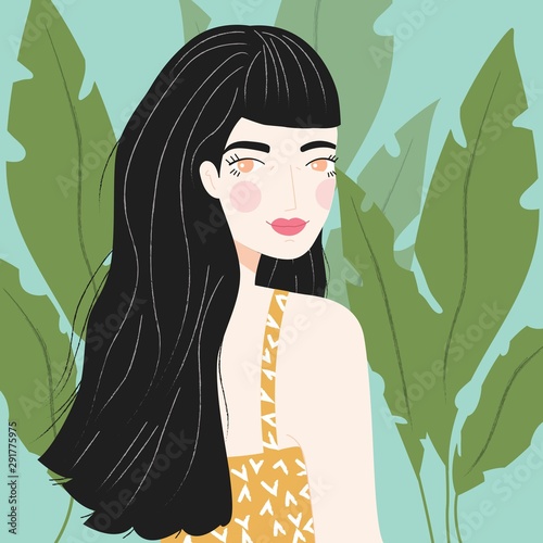 Portrait of a girl with long black hair with patterned shirt, on blue background with green plants, flat vector illustration