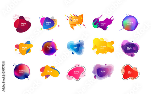 Multicolored abstract stains set. Modern fluid multi layer compositions with sample text. Trendy minimal templates for presentations, banners, apps and websites. Vector illustration