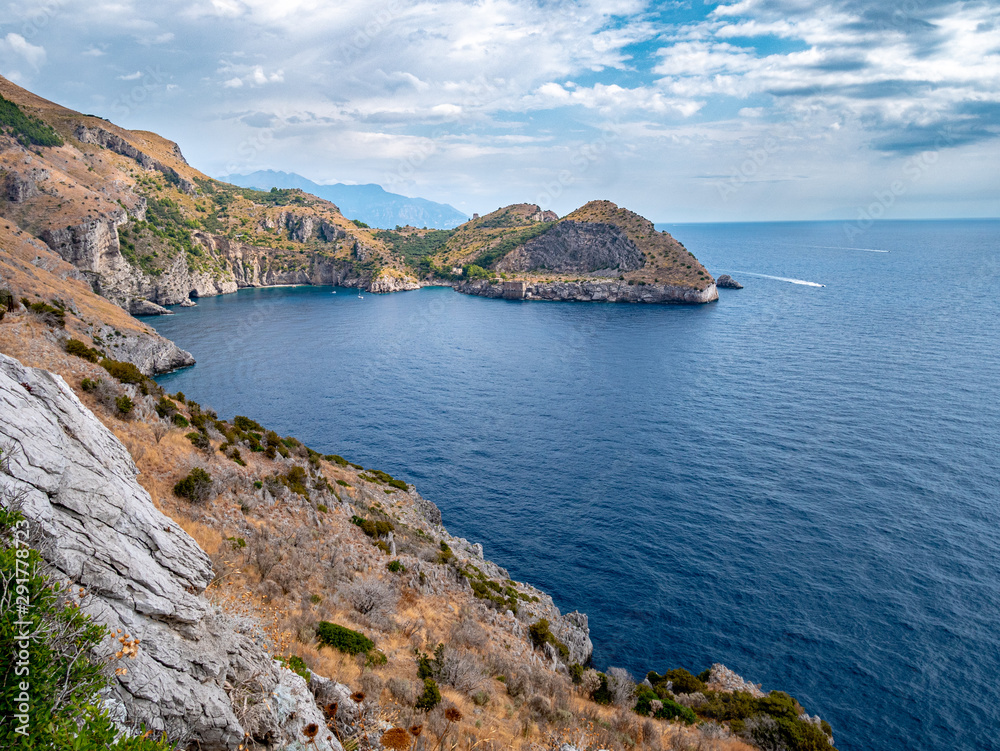 panorama of the Bay of Ieranto seen from the path that leads to Punta Campanela. Protected marine natural area of Punta Campanella. Sorrento and Amalfi Coast, Campania, Italy