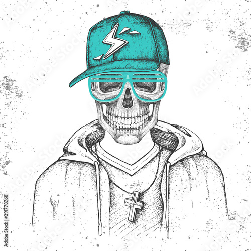 Hand drawing hipster skull with cap dressed like rapper on grunge background. Hipster fashion style