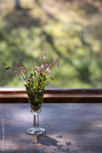 Bouquet of small flowers near the window in vintage setting photo