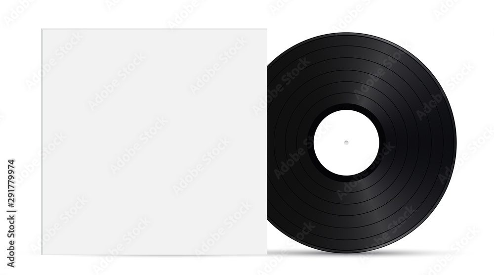 Musical background with blank vinyl disc and cover isolated on white