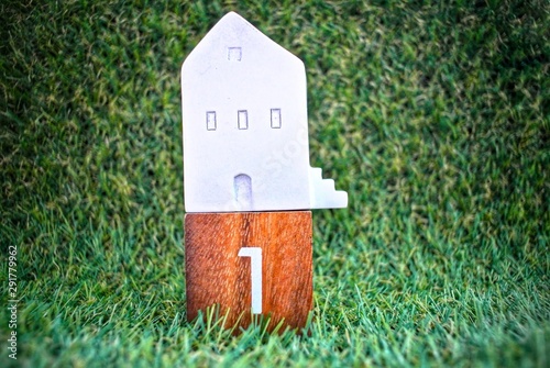 House model on wooden number 1 on the grass background, financial concept.