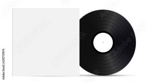 Musical background with blank vinyl disc and cover isolated on white background. Vector illustration template for music flyer, banner, poster or brochure. photo