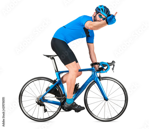 angry professional bicycle road racing cyclist racer in blue sports jersey on light carbon race showing his fury emotions middle finger. sport training cycling concept isolated white background