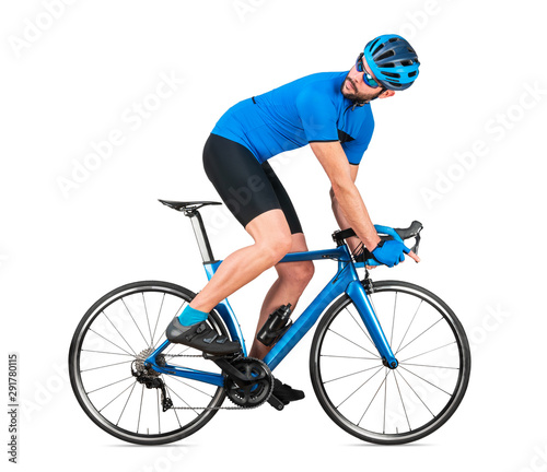 professional bicycle road racing cyclist racer in blue sports jersey on light carbon race looking back behind. sport training cycling concept isolated white background