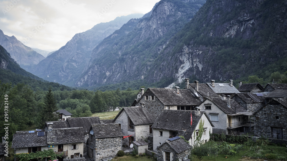 stone houses in tessin switzerland from above