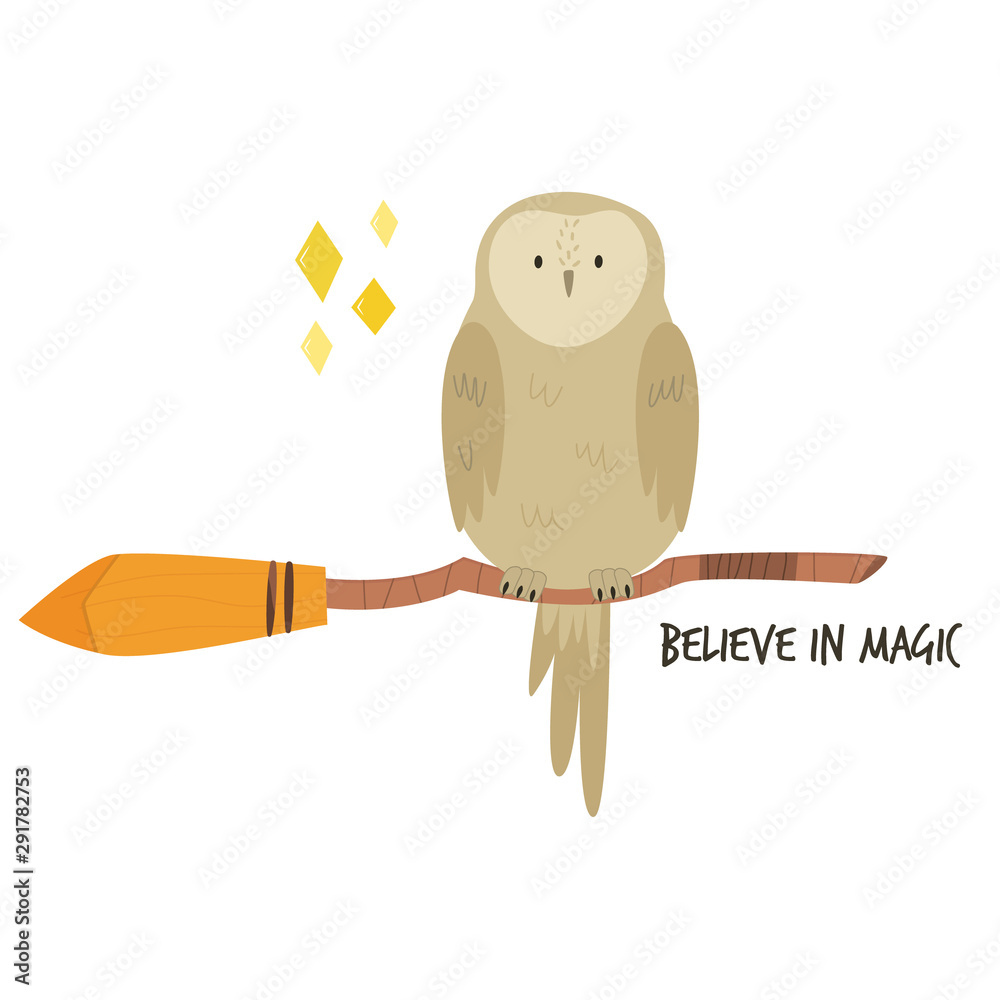 Fototapeta premium Cute owl sitting on a broom. Believe in magic text