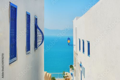 Sea and mountain views between two houses with blue windows, Sidi Bou Said, Tunisia photo